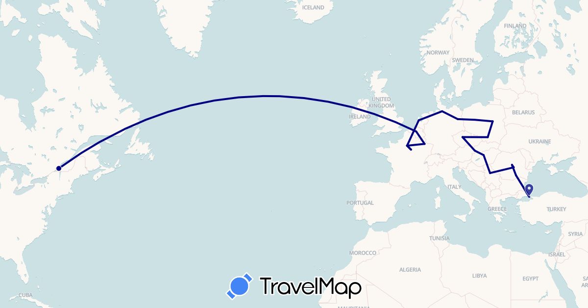 TravelMap itinerary: driving in Belgium, Canada, Czech Republic, Germany, France, Hungary, Netherlands, Poland, Romania, Serbia, Slovakia, Turkey (Asia, Europe, North America)